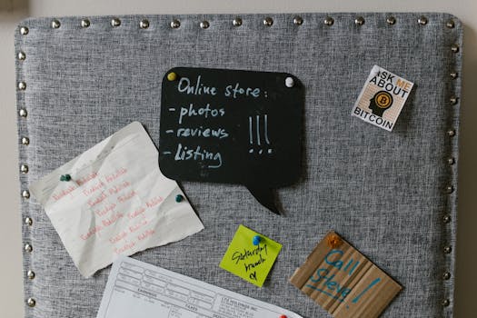 A detailed bulletin board with notes and reminders about business tasks.